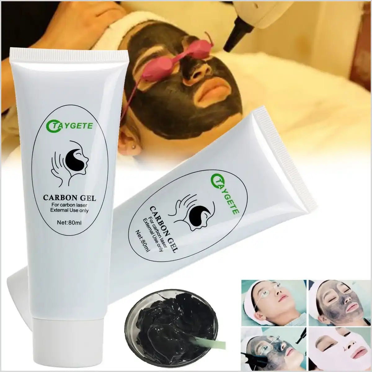 Taygete Carbon Gel product for carbon laser treatments, featuring two tubes of the gel, a bowl of black gel, and images of a facial procedure where a person undergoes a carbon laser treatment with protective goggles.