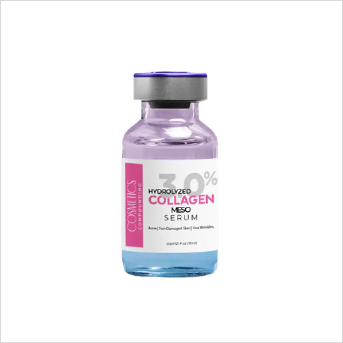 A bottle of 30% Hydrolyzed Collagen Meso Serum with a silver cap and clear liquid, labeled for acne, sun-damaged skin, and fine wrinkles.