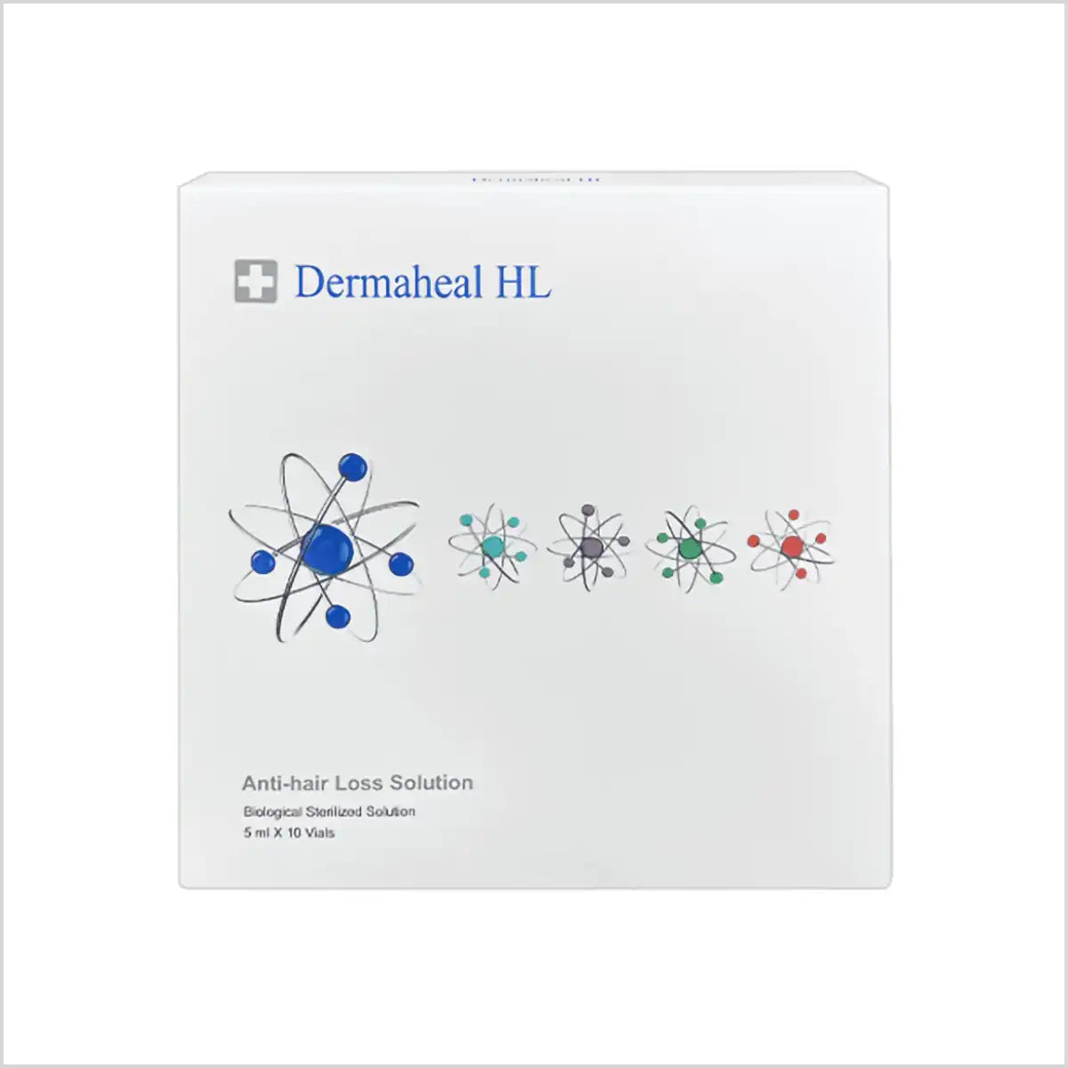Dermaheal HL Anti-Hair Loss Solution packaging, featuring a white box with molecular graphics and product details indicating it contains 10 vials of 5 ml each of a biological sterilized solution.