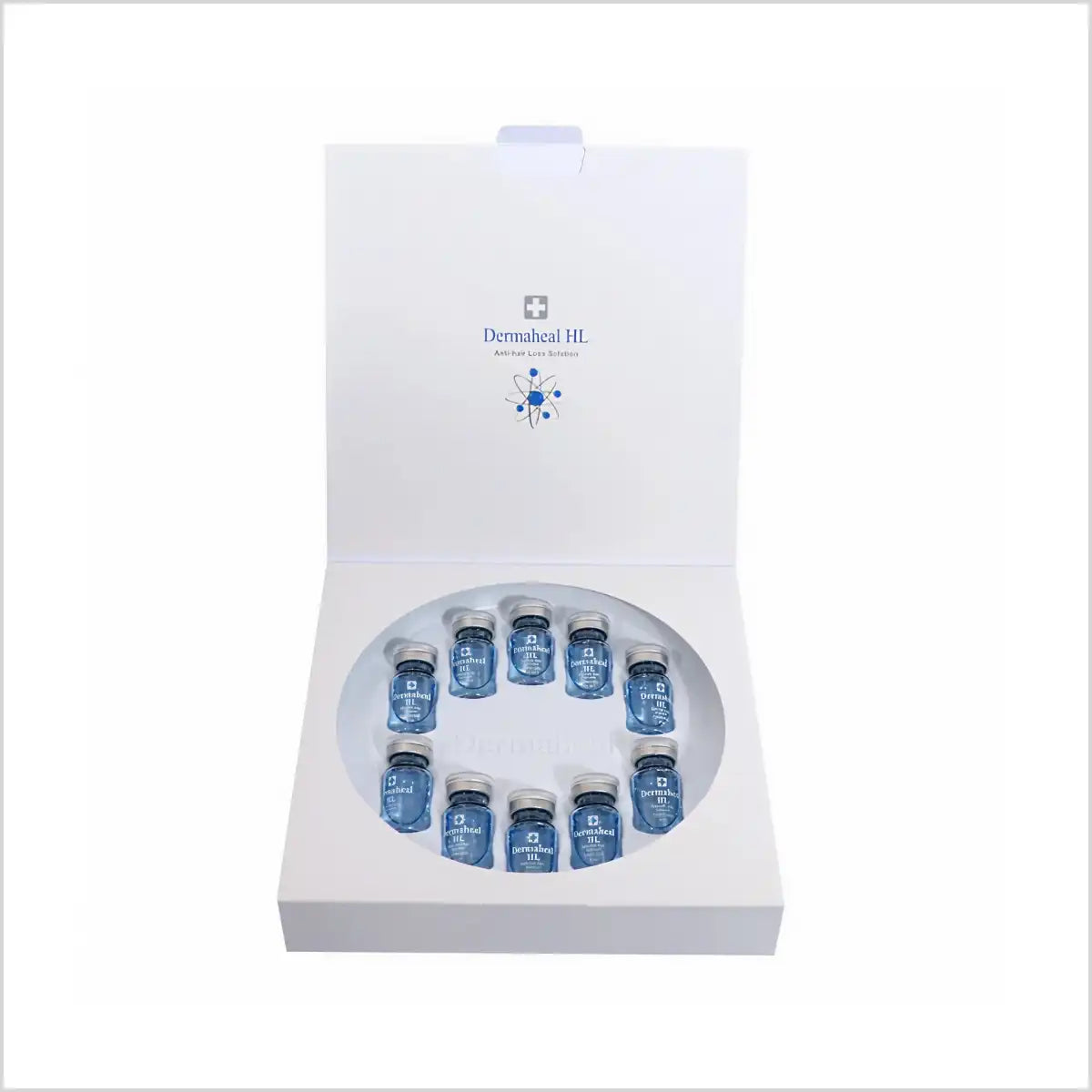 Open box of Dermaheal HL Anti-Hair Loss Solution containing 10 blue vials neatly arranged in a circular pattern inside white packaging.