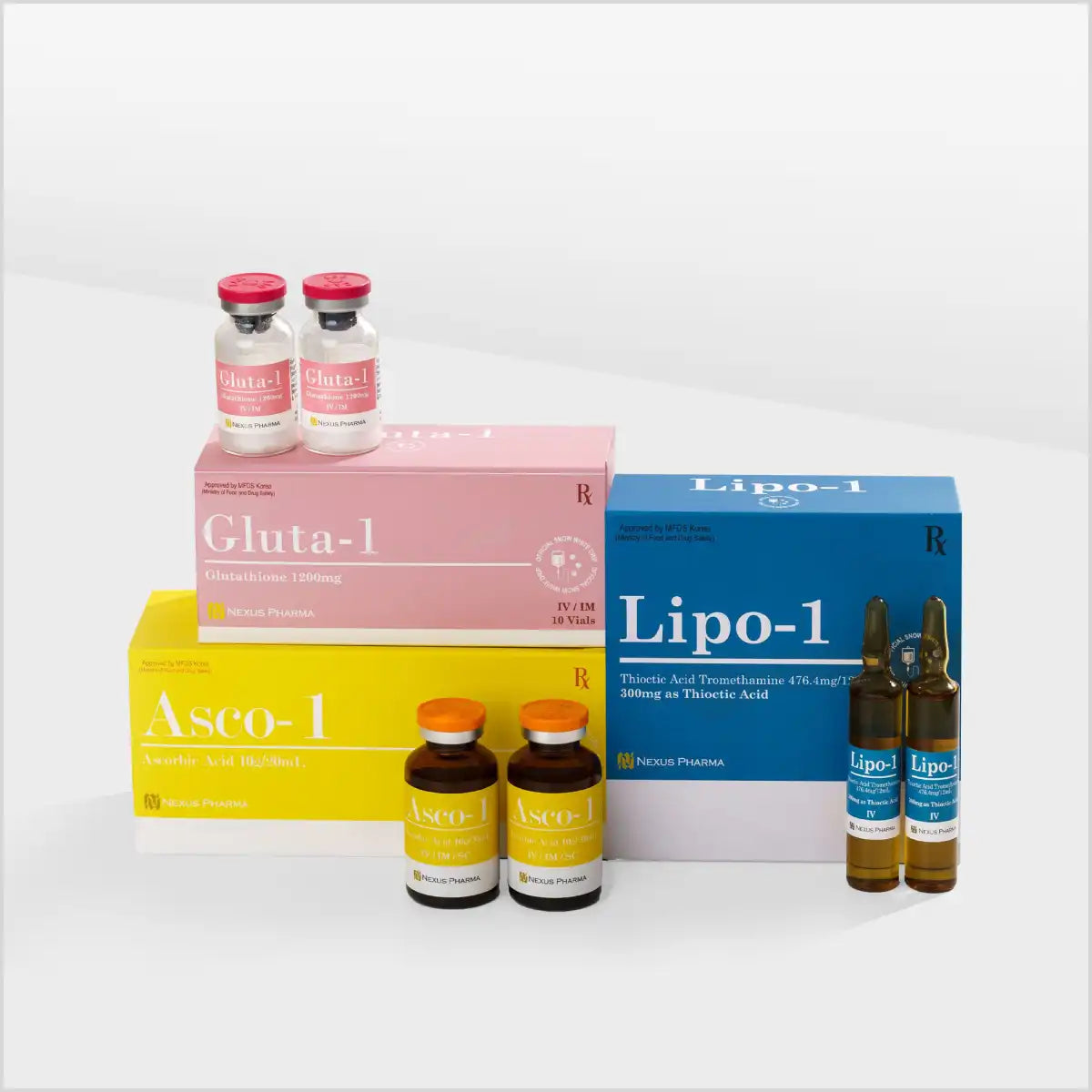 Nexus Pharma Gluta-1, Asco-1, and Lipo-1 Injection Set – Skin Brightening and Antioxidant IV Treatments