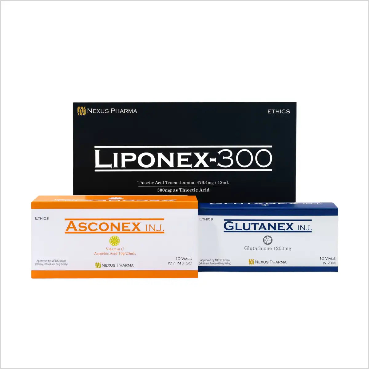Nexus Pharma Liponex-300, Asconex Inj., and Glutanex Inj. – Premium IV Injection Set for Antioxidant and Skin Brightening Treatments.