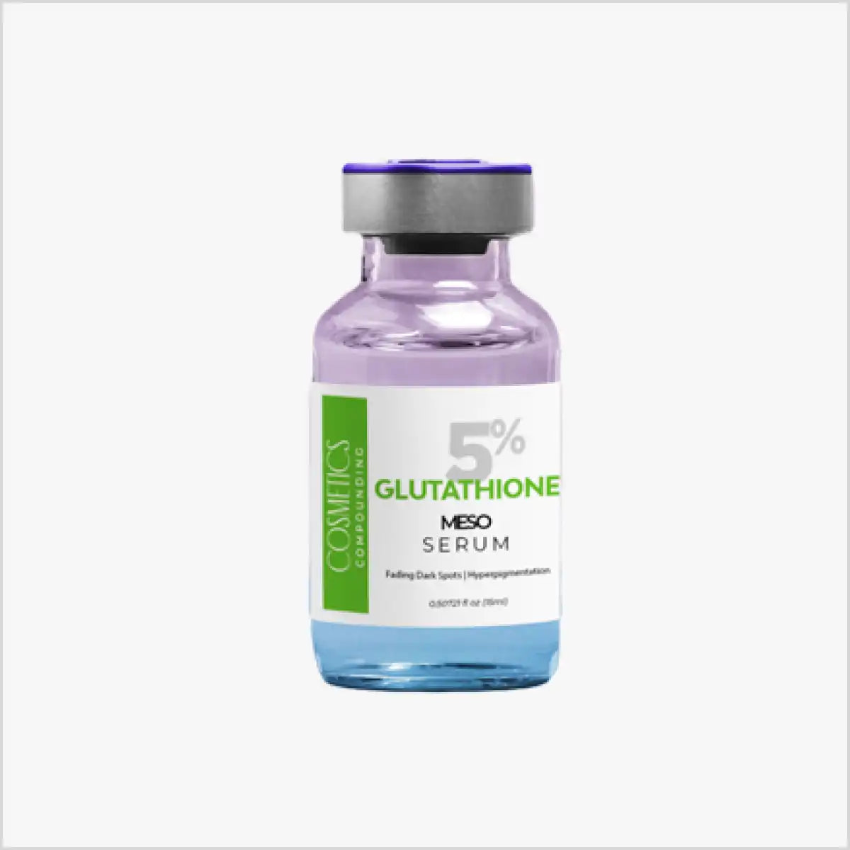 A bottle of 5% Glutathione Meso Serum with a silver cap and clear liquid, labeled for fading dark spots and hyperpigmentation.