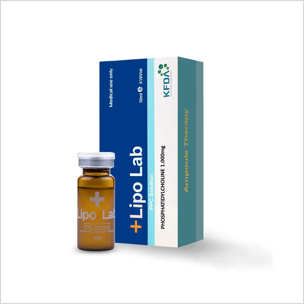 Lipo Lab PPC Solution vials arranged in front of their packaging box, labeled for medical use and containing phosphatidylcholine 10mg.
