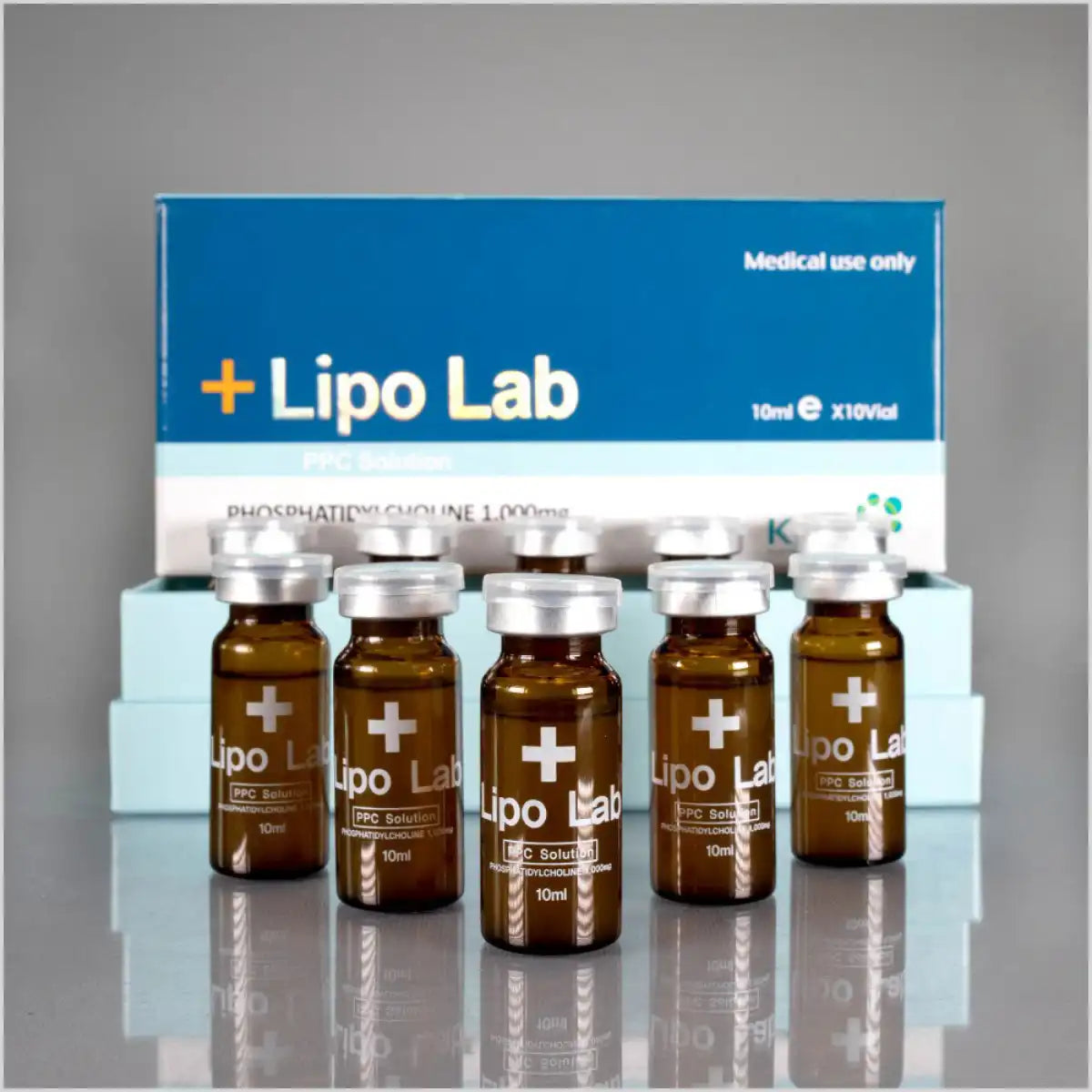 Lipo Lab PPC Solution vials arranged in front of their packaging box, labeled for medical use and containing phosphatidylcholine 10mg.