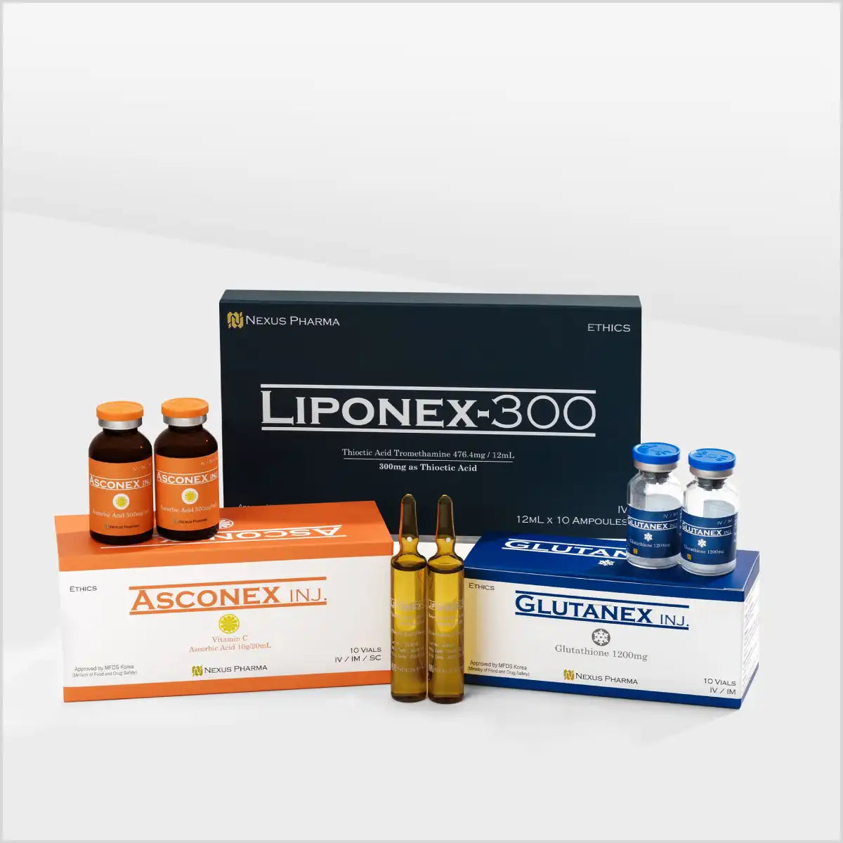 Nexus Pharma Liponex-300, Asconex Inj., and Glutanex Inj. – Premium IV Injection Set for Antioxidant and Skin Brightening Treatments.