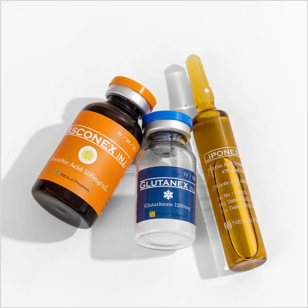 Nexus Pharma Liponex-300, Asconex Inj., and Glutanex Inj. – Premium IV Injection Set for Antioxidant and Skin Brightening Treatments.