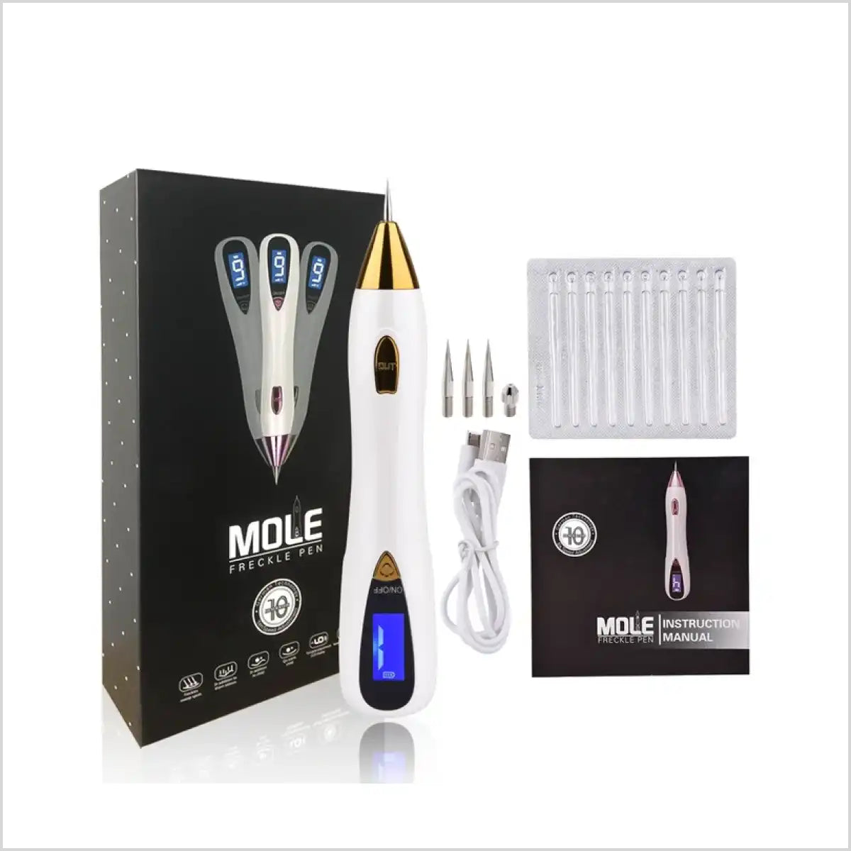 Mole Freckle Pen beauty device with packaging, multiple needle attachments, USB charging cable, and instruction manual.