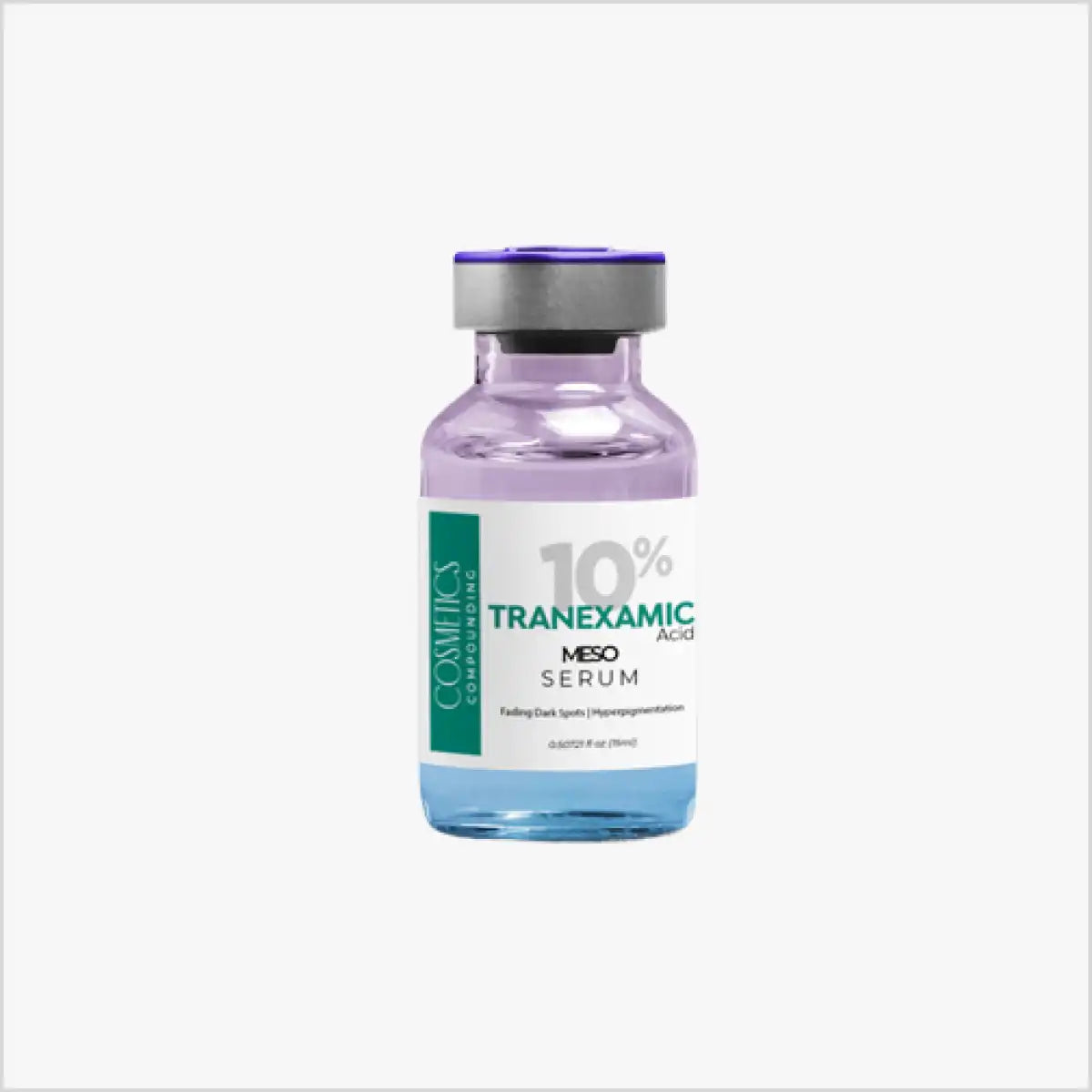A bottle of 10% Tranexamic Acid Meso Serum with a silver cap and clear liquid, labeled for fading dark spots and hyperpigmentation.