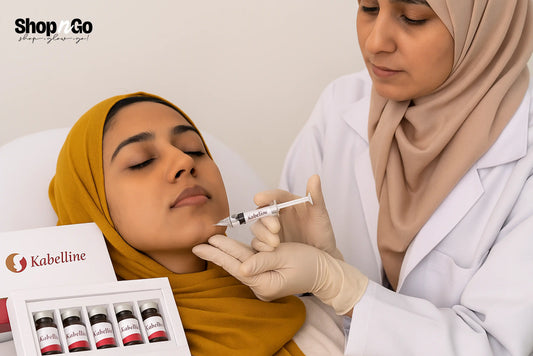 A Pakistani woman receiving a Kabelline fat-dissolving injection under her chin from a female doctor wearing a hijab and white coat, with the Kabelline product box and vials visible beside them.