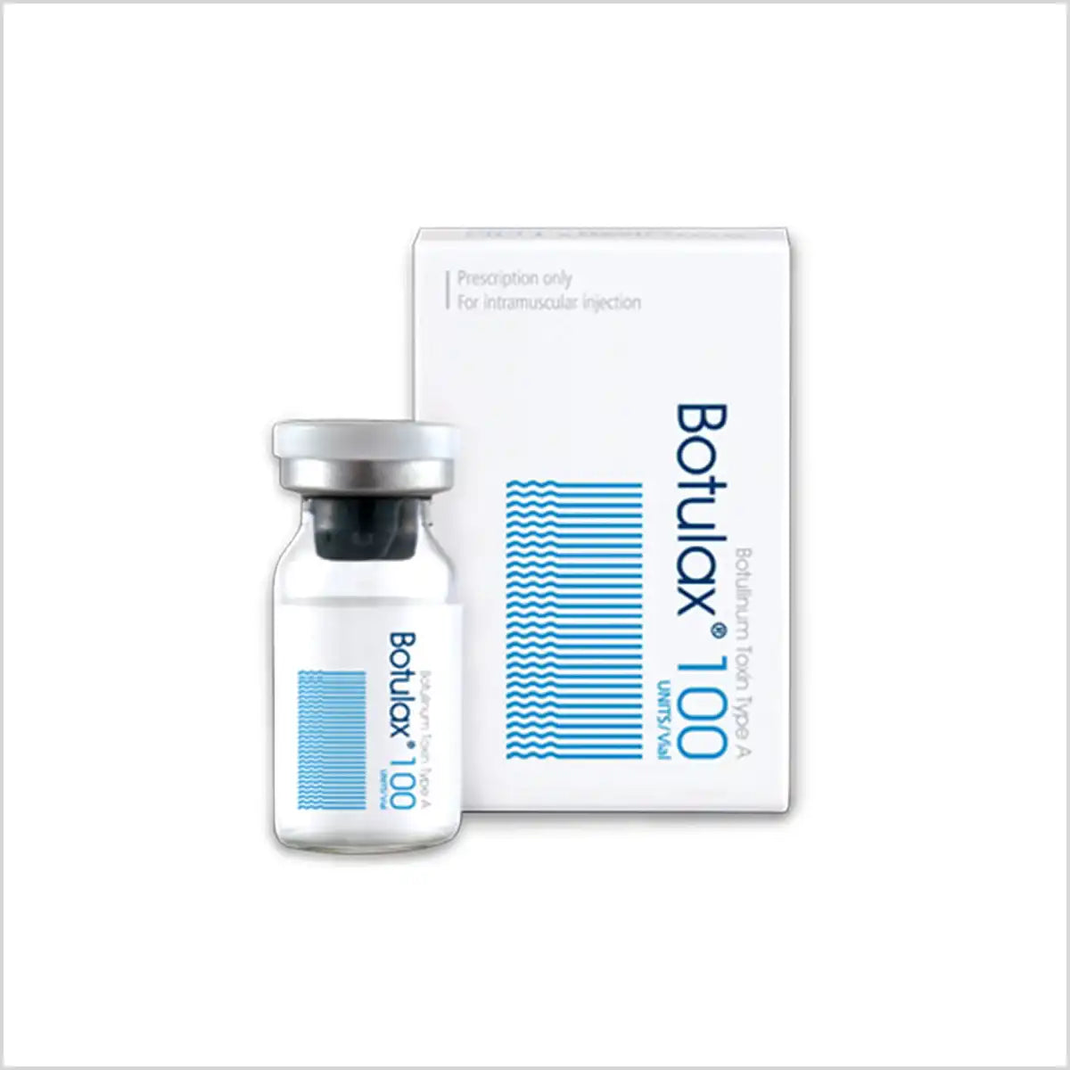 Botulax 100 Botulinum Toxin Type A vial with packaging, labeled for prescription use and intramuscular injection.