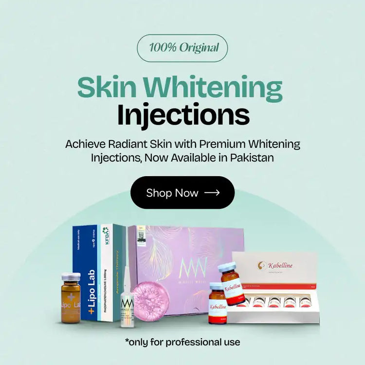 an image of skin care products in which products highlights and text "Buy 100% Original Skin Whitening Injections in Pakistan – Miracle White, Kabelline, Lipo Lab for skin brightening and beauty. Professional-grade whitening treatment."
